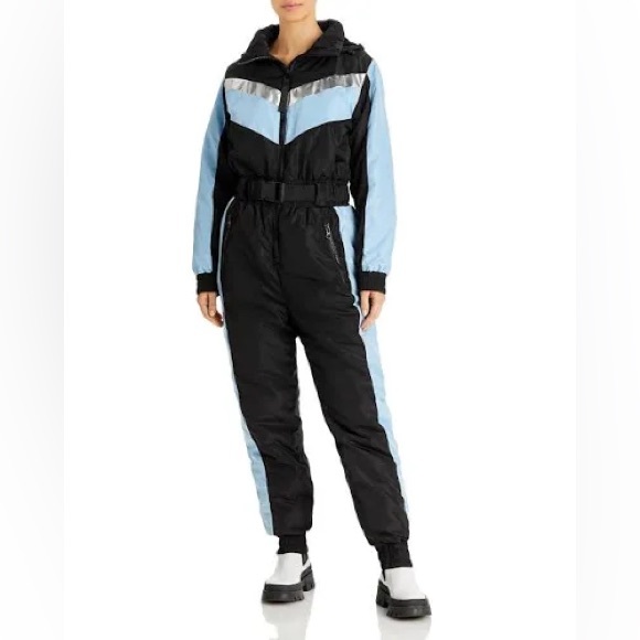 Aqua Womens Colorblocked Hooded Zip Ski Suit Blue Black - Picture 1 of 16